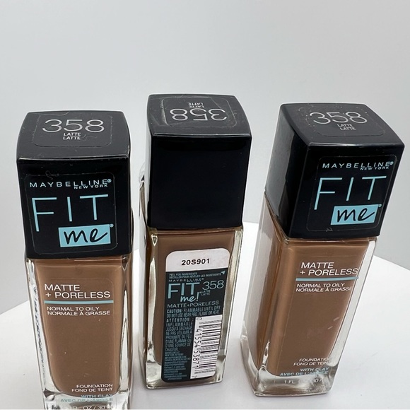 🦋$10 ~ (3) Maybelline Fit Me Foundation ~ 358 Latte ~ Matte & Poreless ~ NEW - Picture 3 of 5